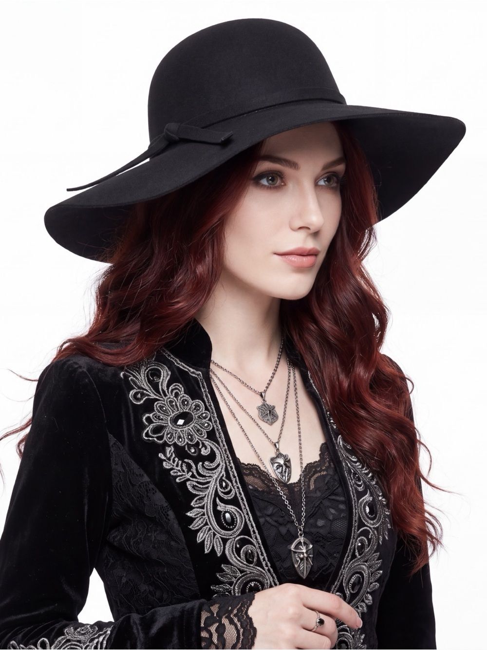 Black Wide Brim Wool Felt Floppy Hat Dome Dark Romance